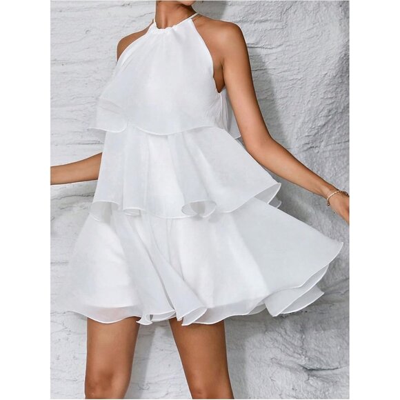 Women's Summer Casual Halter Mini Dress Sleeveless Ruffle Layered Swing - Picture 5 of 6
